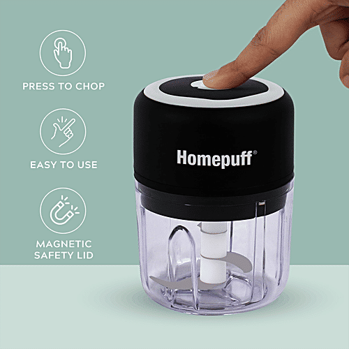 Home Puff Electric Vegetable Chopper With Japanese Technology - Wireless, One Touch, Chops In 10 Second, Rechargeable, Waterproof, Stainless Steel Blades, 30W, 250 ml  