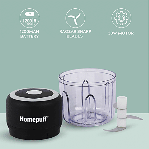 Home Puff Electric Vegetable Chopper With Japanese Technology - Wireless, One Touch, Chops In 10 Second, Rechargeable, Waterproof, Stainless Steel Blades, 30W, 250 ml  
