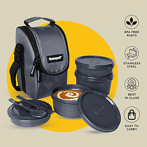 Home Puff Stainless Steel Insulated Lunch Boxes - Airtight & Leak Proof Tiffin Box, Free Lunch Bag, Grey, 1.5 L (600 ml + 450 ml + 150 ml + 300 ml)