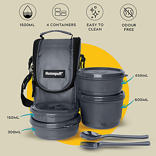 Home Puff Stainless Steel Insulated Lunch Boxes - Airtight & Leak Proof Tiffin Box, Free Lunch Bag, Grey, 1.5 L (600 ml + 450 ml + 150 ml + 300 ml)