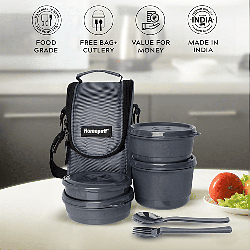 Home Puff Stainless Steel Insulated Lunch Boxes - Airtight & Leak Proof Tiffin Box, Free Lunch Bag, Grey, 1.5 L (600 ml + 450 ml + 150 ml + 300 ml)