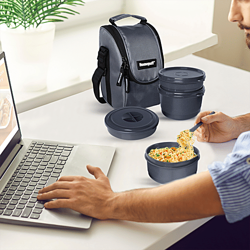 Home Puff Stainless Steel Insulated Lunch Boxes - Airtight & Leak Proof Tiffin Box, Free Lunch Bag, Grey, 1.5 L (600 ml + 450 ml + 150 ml + 300 ml)