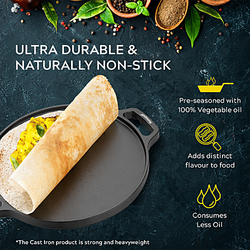 Home Puff Pre-Seasoned Super Smooth Cast Iron Tawa For Dosa/Roti With Handle - Naturally Non-Stick Loha, Healthy & Non-Toxic Cookware, Less Oil Usage, 10”, 2.55 kg  