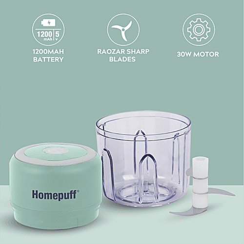 Home Puff Electric Chopper With Japanese Technology, Wireless Kitchen Vegetable Chopper - One Touch, Chops In 10 Second, Rechargeable, Waterproof, Stainless Steel Blades, 30 Watts, 250 ml  