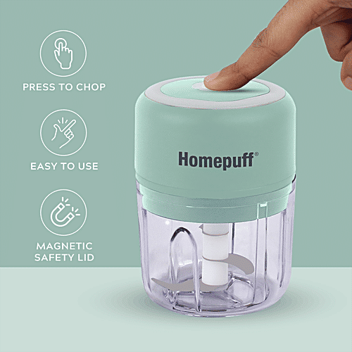 Home Puff Electric Chopper With Japanese Technology, Wireless Kitchen Vegetable Chopper - One Touch, Chops In 10 Second, Rechargeable, Waterproof, Stainless Steel Blades, 30 Watts, 250 ml  