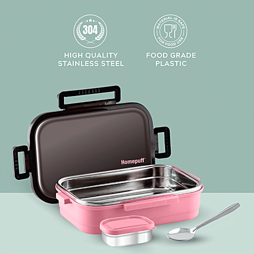 Home Puff Stainless Steel Insulated Lunch Box For School & Office - Free Spoon, Airtight Leak-Proof, Unbreakable Lid, Light Weight, Peach, 800 ml