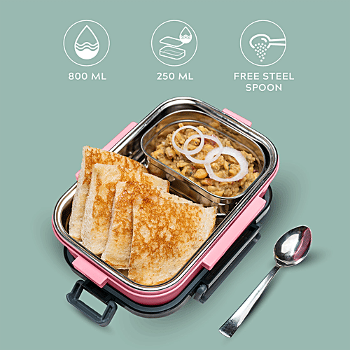 Home Puff Stainless Steel Insulated Lunch Box For School & Office - Free Spoon, Airtight Leak-Proof, Unbreakable Lid, Light Weight, Peach, 800 ml