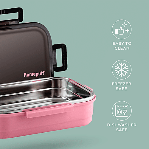 Home Puff Stainless Steel Insulated Lunch Box For School & Office - Free Spoon, Airtight Leak-Proof, Unbreakable Lid, Light Weight, Peach, 800 ml