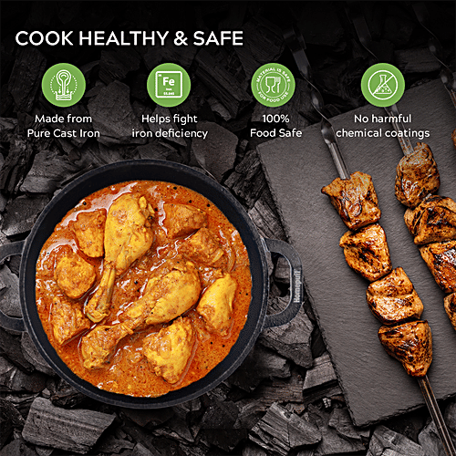 Home Puff Pre-Seasoned Non-Stick Cast Iron Kadai For Cooking & Deep Frying, Coating Free Cookware - Multipurpose Loha With Heavy Base, Gas Stove Friendly, 10”, 3.5 L