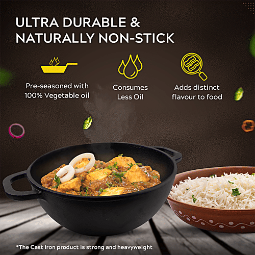 Home Puff Pre-Seasoned Non-Stick Cast Iron Kadai For Cooking & Deep Frying, Coating Free Cookware - Multipurpose Loha With Heavy Base, Gas Stove Friendly, 10”, 3.5 L