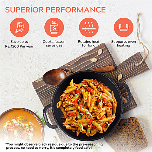 Home Puff Pre-Seasoned Non-Stick Cast Iron Kadai For Cooking & Deep Frying, Coating Free Cookware - Multipurpose Loha With Heavy Base, Gas Stove Friendly, 10”, 3.5 L