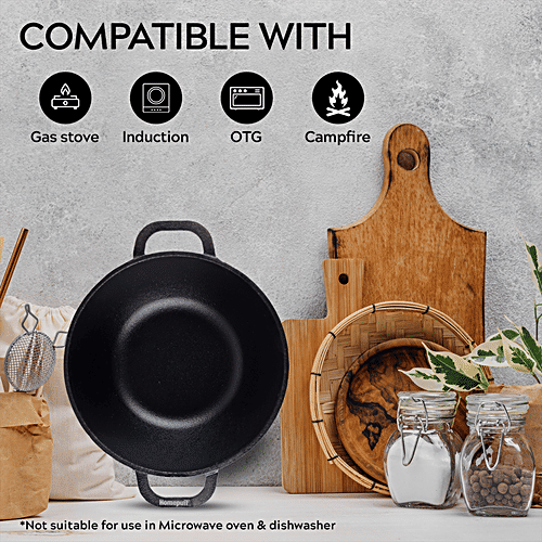 Home Puff Pre-Seasoned Non-Stick Cast Iron Kadai For Cooking & Deep Frying, Coating Free Cookware - Multipurpose Loha With Heavy Base, Gas Stove Friendly, 10”, 3.5 L