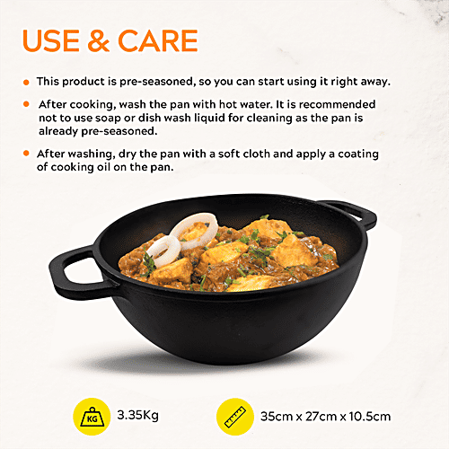 Home Puff Pre-Seasoned Non-Stick Cast Iron Kadai For Cooking & Deep Frying, Coating Free Cookware - Multipurpose Loha With Heavy Base, Gas Stove Friendly, 10”, 3.5 L