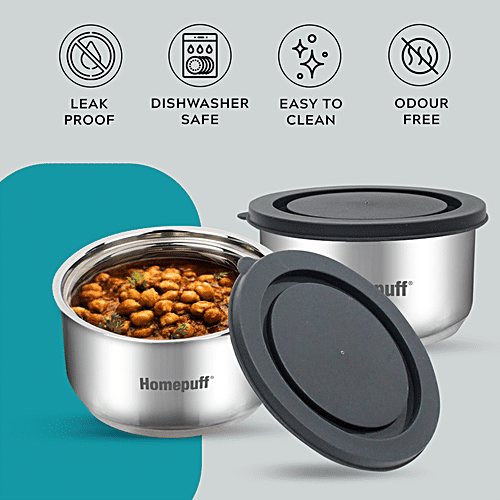 Home Puff Stainless Steel Insulated Lunch Box For School & Office - Spill Proof Tiffin For Men & Women, Unbreakable Lid, Free Bag - Grey, 325 ml (Pack of 2)