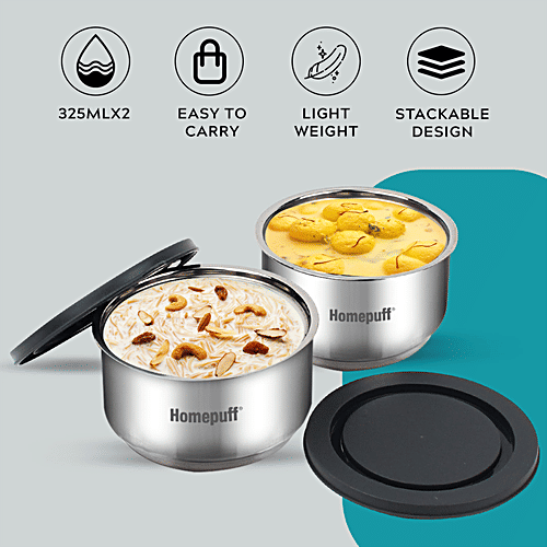 Home Puff Stainless Steel Insulated Lunch Box For School & Office - Spill Proof Tiffin For Men & Women, Unbreakable Lid, Free Bag - Grey, 325 ml (Pack of 2)