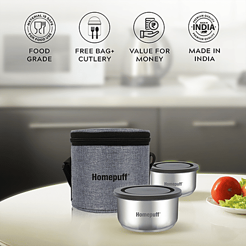 Home Puff Stainless Steel Insulated Lunch Box For School & Office - Spill Proof Tiffin For Men & Women, Unbreakable Lid, Free Bag - Grey, 325 ml (Pack of 2)