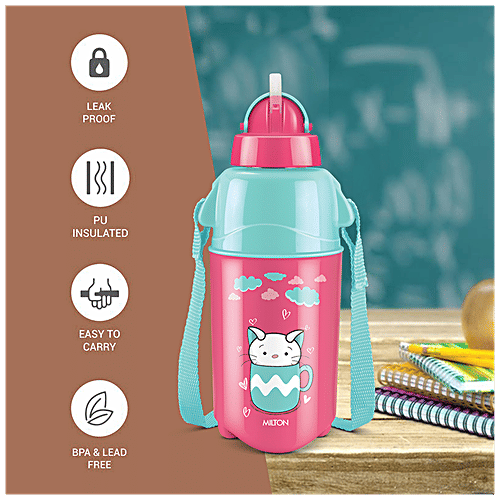 Milton Kool Trendy Plastic Insulated Water Bottle With Straw - For Kids, Cherry Pink, 370 ml (1 pc) 