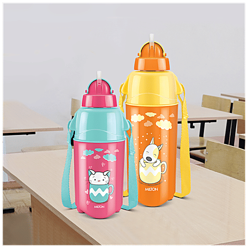 Milton Kool Trendy Plastic Insulated Water Bottle With Straw - For Kids, Cherry Pink, 370 ml (1 pc) 