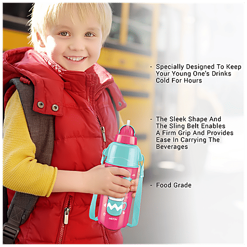 Milton Kool Trendy Plastic Insulated Water Bottle With Straw - For Kids, Cherry Pink, 370 ml (1 pc) 