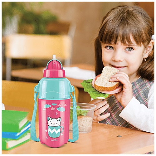 Milton Kool Trendy Plastic Insulated Water Bottle With Straw - For Kids, Cherry Pink, 370 ml (1 pc) 