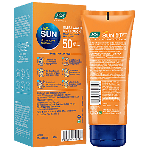 Joy Revivify Hello Sun Ultra Matte Dry Touch Sunscreen - SPF50, PA++++, All Day Active, 50 ml  