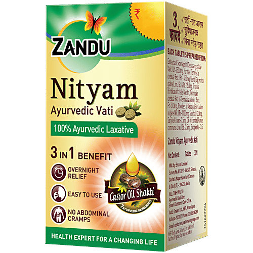 Zandu Nityam Ayurvedic Vati Laxative Tablets - 3 In 1 Benefit, Overnight Relief, No Abdominal Cramps, 30 pcs  