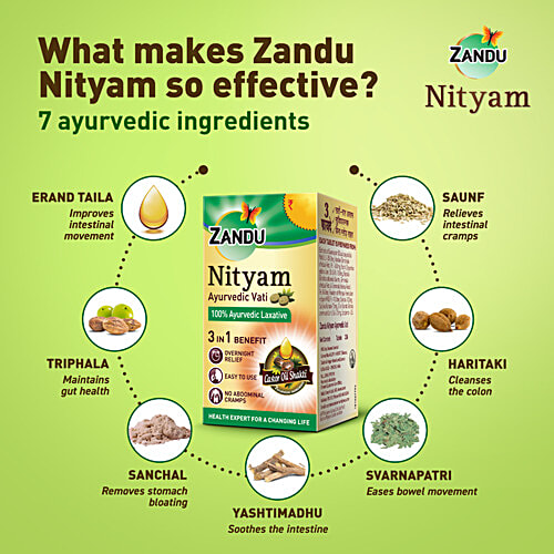 Zandu Nityam Ayurvedic Vati Laxative Tablets - 3 In 1 Benefit, Overnight Relief, No Abdominal Cramps, 30 pcs  