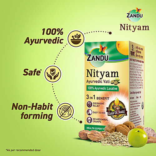 Zandu Nityam Ayurvedic Vati Laxative Tablets - 3 In 1 Benefit, Overnight Relief, No Abdominal Cramps, 30 pcs  