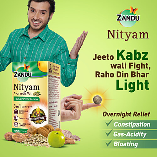 Zandu Nityam Ayurvedic Vati Laxative Tablets - 3 In 1 Benefit, Overnight Relief, No Abdominal Cramps, 30 pcs  