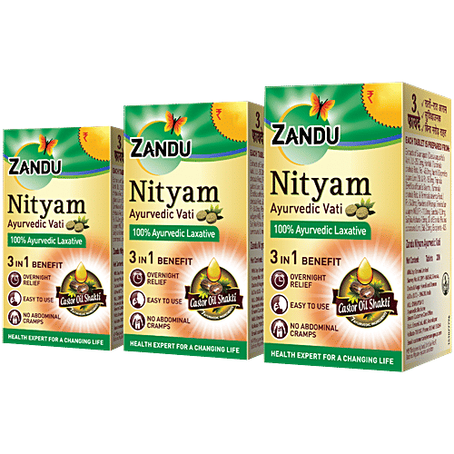 Zandu Nityam Ayurvedic Vati Laxative Tablets - 3 In 1 Benefit, Overnight Relief, No Abdominal Cramps, 30 pcs  