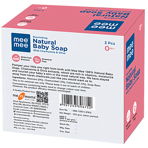 Mee Mee Natural Nourishing Baby Soap - With 100% Chamomile & Olive, Dermatologically Tested, 75 g Pack of 3 Soaps