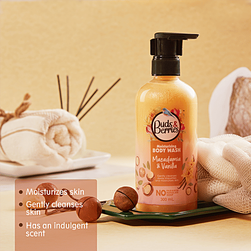 Buds & Berries Moisturising Body Wash - Macadamia & Vanilla, Gently Cleanses Skin, No Parabens, 300 ml  