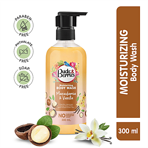 Buds & Berries Moisturising Body Wash - Macadamia & Vanilla, Gently Cleanses Skin, No Parabens, 300 ml  