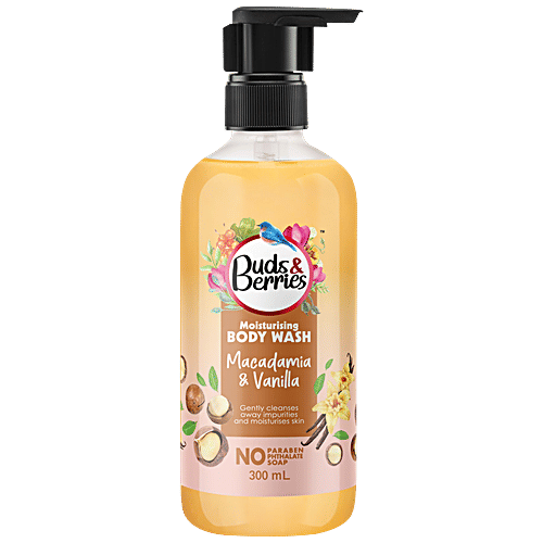 Buds & Berries Moisturising Body Wash - Macadamia & Vanilla, Gently Cleanses Skin, No Parabens, 300 ml  