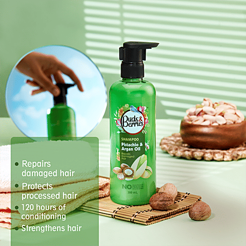 Buds & Berries Colour Protectant Shampoo - Pistachio & Argan Oil, Repairs Damaged Hair, 300 ml  