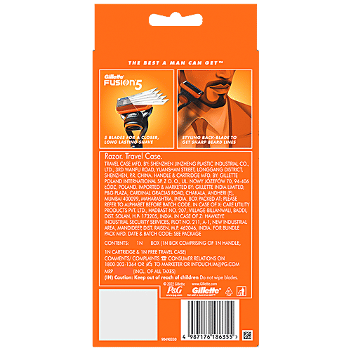 Gillette Fusion 5 Manual Razor - For Men, For Perfect Shave & Beard Shape, 1 pc (Get Free Travel Case) 