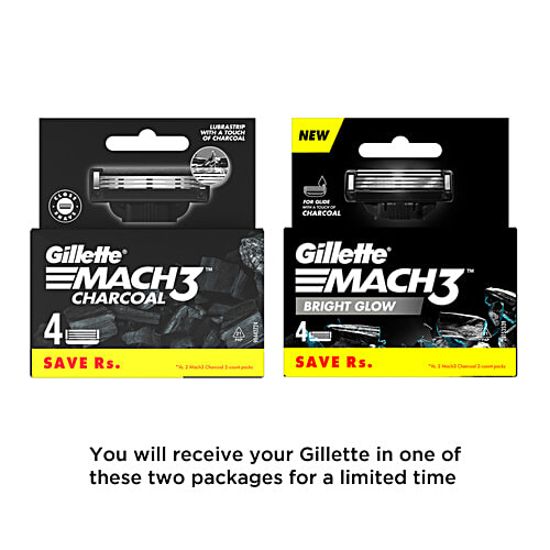 Gillette Mach3 Charcoal Shaving Razor Blades for Men with Lubrastrip Pack of 4 Cartridegs, 4 pcs