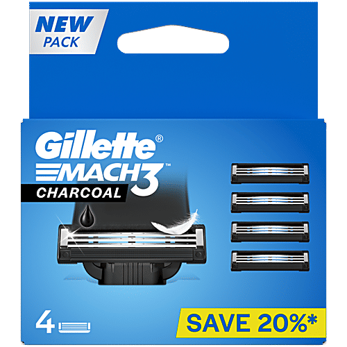Gillette Mach3 Charcoal Shaving Razor Blades for Men with Lubrastrip Pack of 4 Cartridegs, 4 pcs