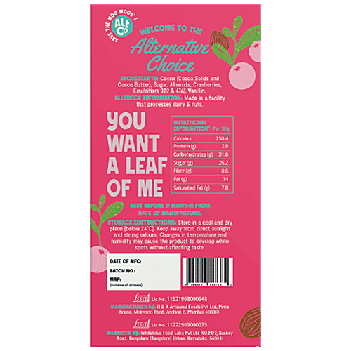 Alt Co Almond & Cranberry Chocolate - Rich In Taste, 50 g  