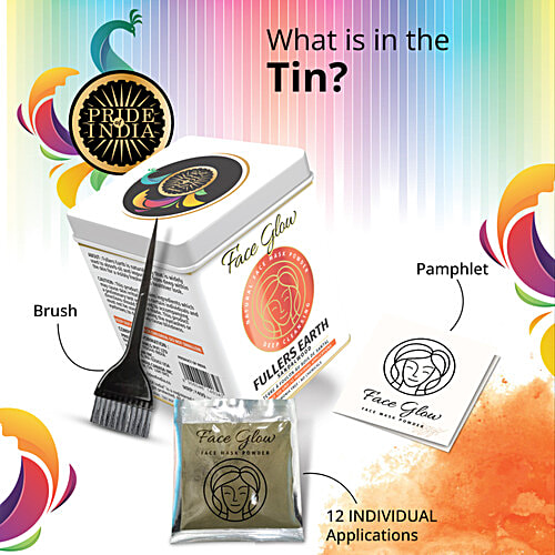 Pride Of India Face Glow - Fuller's Earth (Multani Mitti) Indian Healing Face Mask Powder with Sandalwood, 100% Natural, 120 g (12 Sachet of 10g each) 