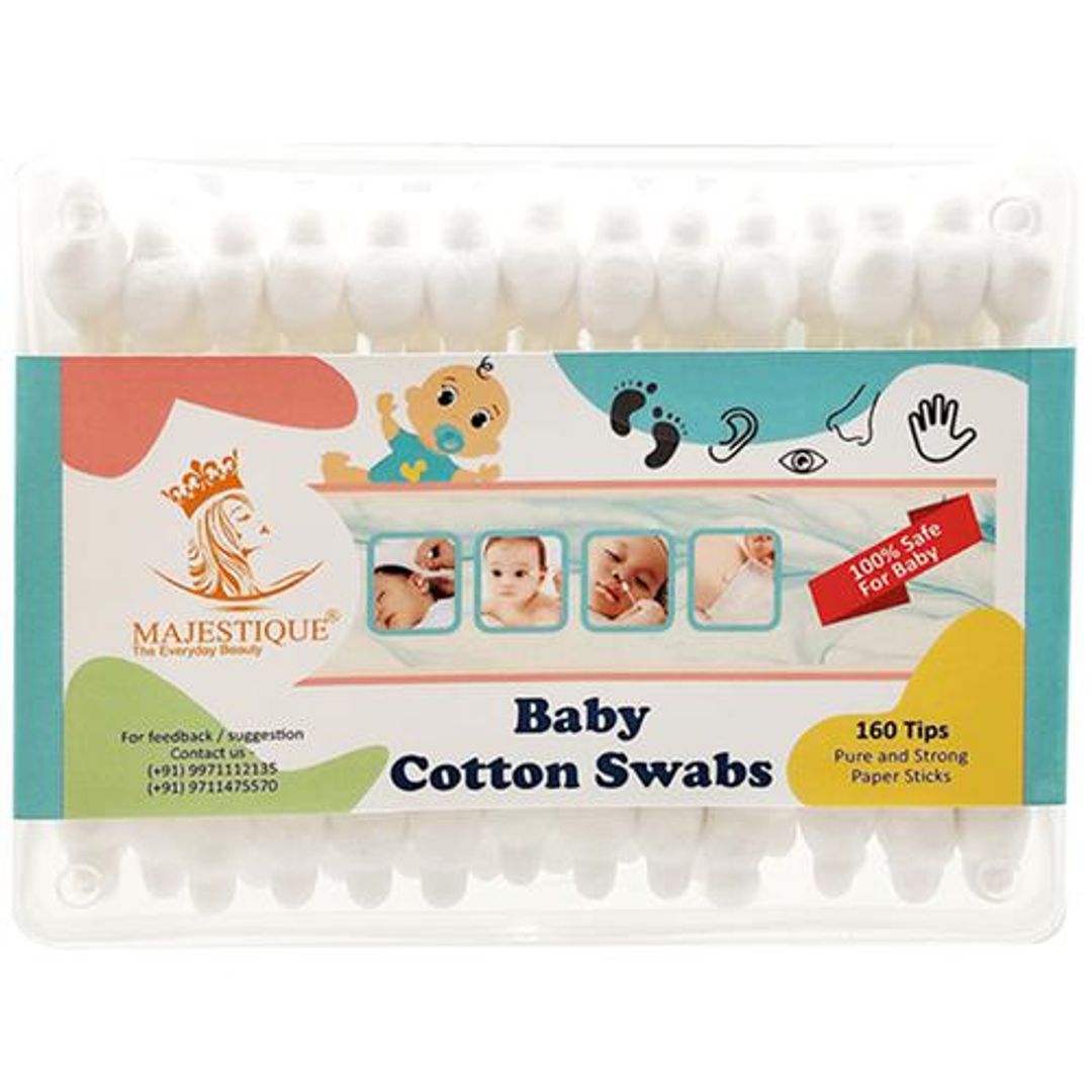 MAJESTIQUE Cotton Swab - FC91, 100% Paper Soft & Gentle Tip, Ideal for Babies, 160 pcs Pouch