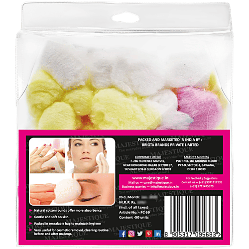 Majestique Natural Cotton Ball - For Make-Up & Nail Polish Removal, FC69, Assorted Colour, 50 pcs Pouch Organic Cotton, Super Absorbent, Soft & Gentle