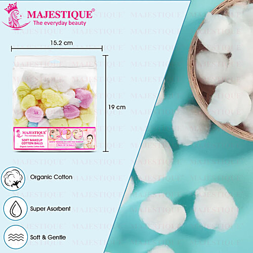 Majestique Natural Cotton Ball - For Make-Up & Nail Polish Removal, FC69, Assorted Colour, 50 pcs Pouch Organic Cotton, Super Absorbent, Soft & Gentle