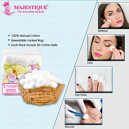 Majestique Natural Cotton Ball - For Make-Up & Nail Polish Removal, FC69, Assorted Colour, 50 pcs Pouch Organic Cotton, Super Absorbent, Soft & Gentle