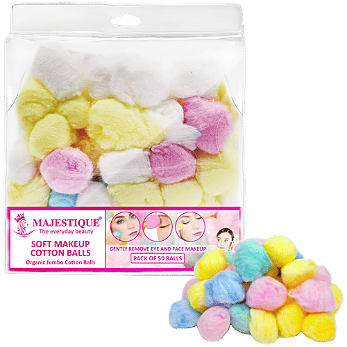 Majestique Natural Cotton Ball - For Make-Up & Nail Polish Removal, FC69, Assorted Colour, 50 pcs Pouch Organic Cotton, Super Absorbent, Soft & Gentle