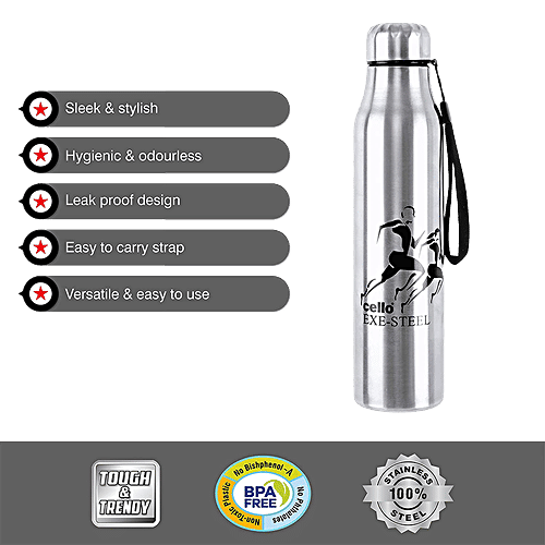 Cello Goldie Stainless Steel Water Bottle - Leak Proof, Compact & Portable, Silver, 1 L  