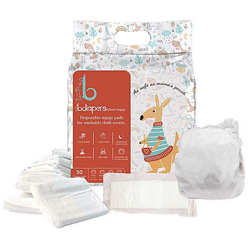 Bdiapers Hybrid Nappy - 1 Washable Cloth Diaper Cover, 30 Disposable Nappy Pads, Plain, Large, 90 g  