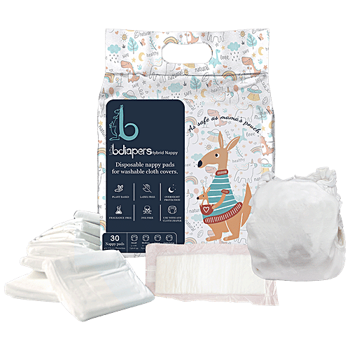 Bdiapers Hybrid Nappy - 1 Washable Cloth Diaper Cover, 30 Disposable Nappy Pads, Plain, Extra Large, 90 g  