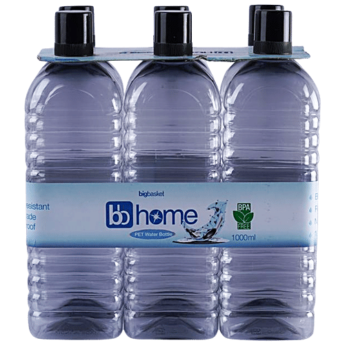 bb home Leo Plastic PET Water Bottle - Break Resistant, Leak Proof, Narrow Mouth, Black, 1 L (Pack of 6) 