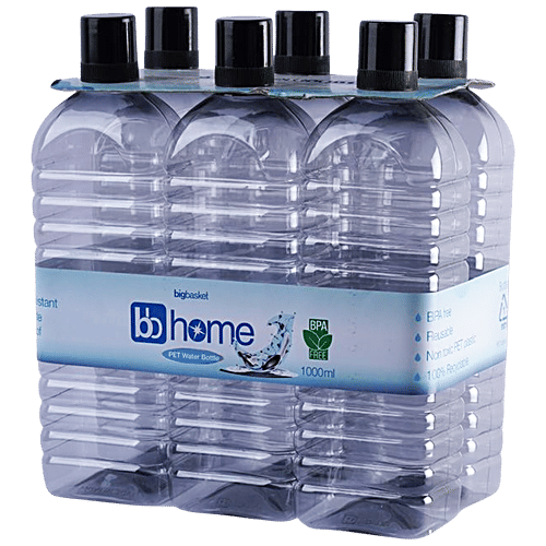 bb home Leo Plastic PET Water Bottle - Break Resistant, Leak Proof, Narrow Mouth, Black, 1 L (Pack of 6) 